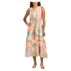 LA RAGAZZE Made In Italy Linen Blend Round Neck Maxi Dress With Belt